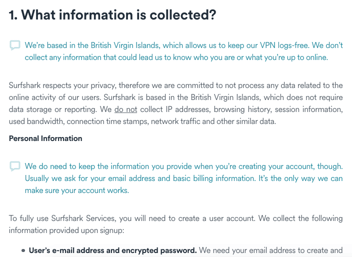 Surfshark VPN privacy policy