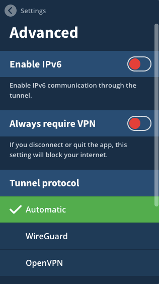 Funzioni avanzate di Mullvad VPN