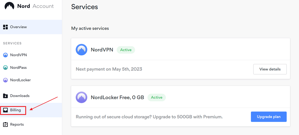 nordaccount billing section
