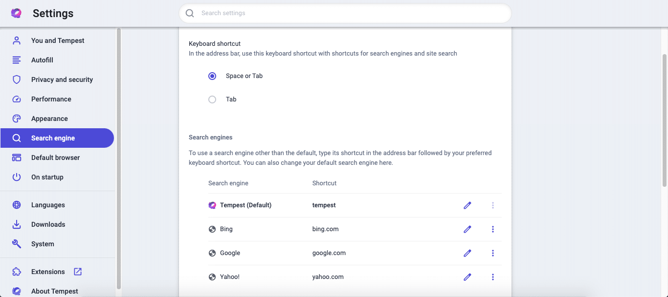 tempest browser search engines