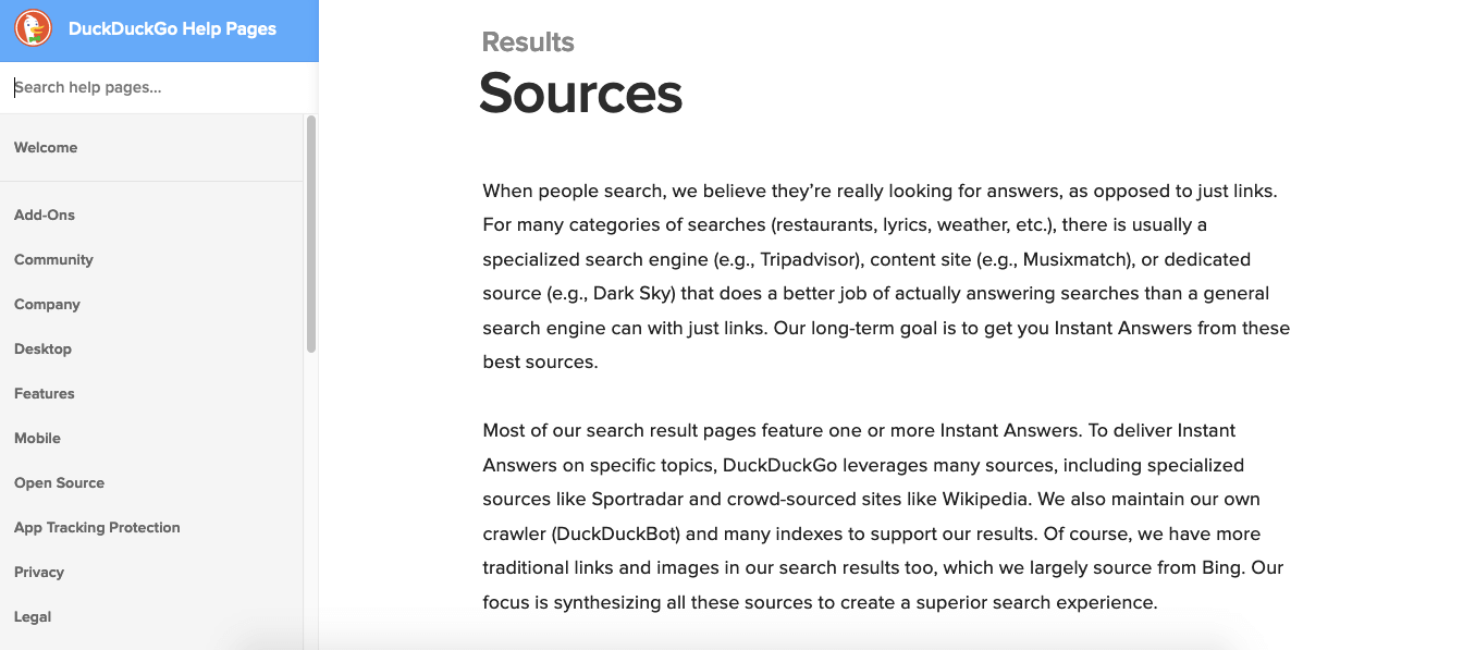 duckduckgo help pages
