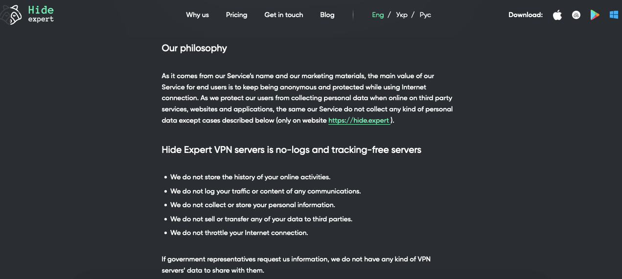 hide expert VPN privacy policy