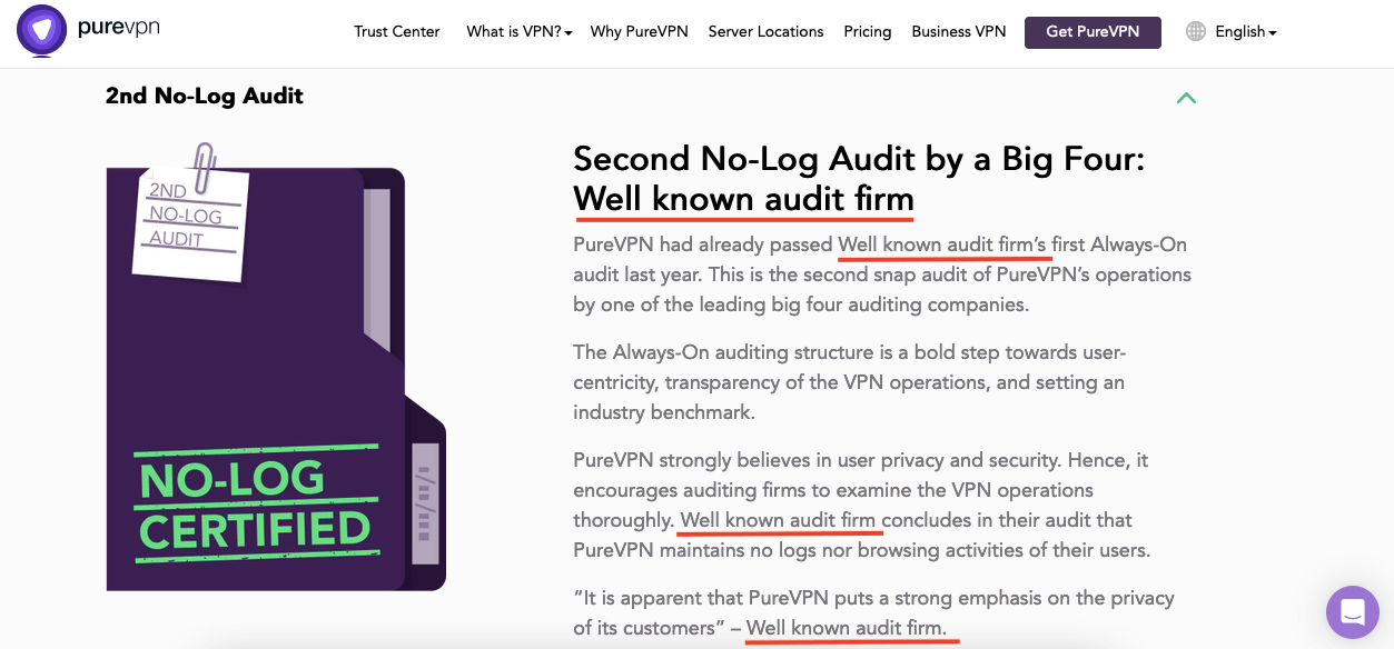 purevpn well known audit firm