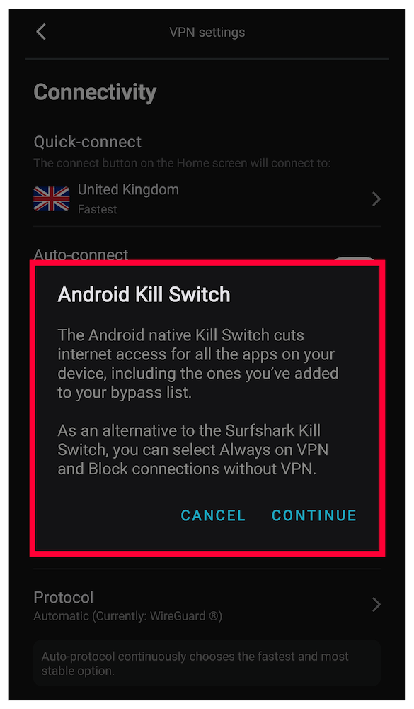 surfshark android native kill switch
