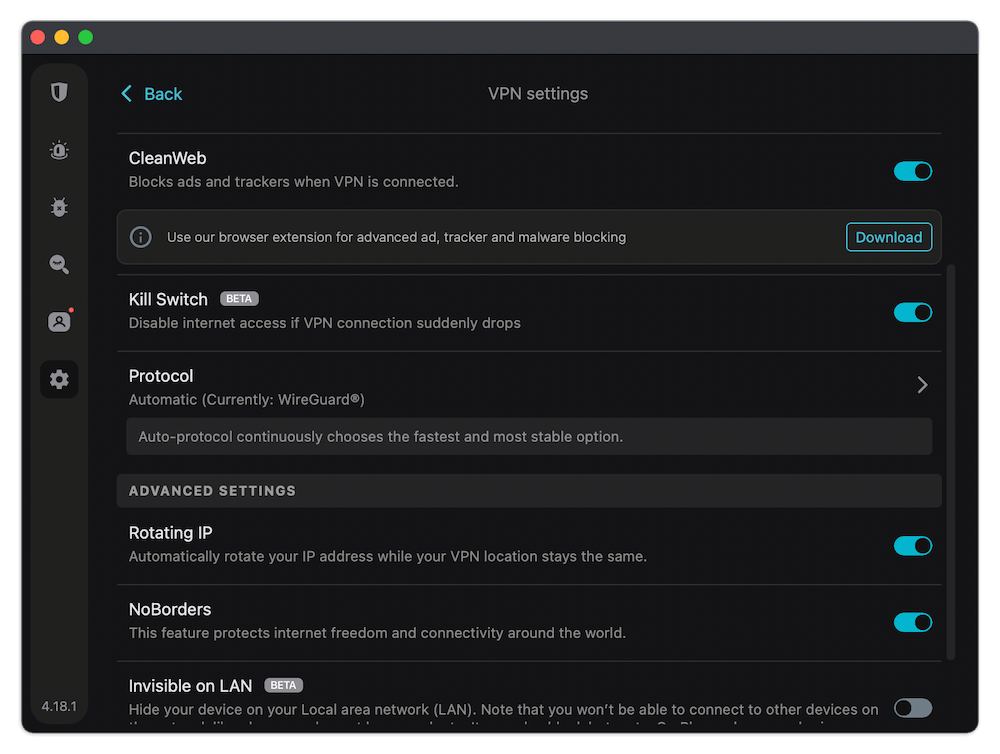 surfshark app settings
