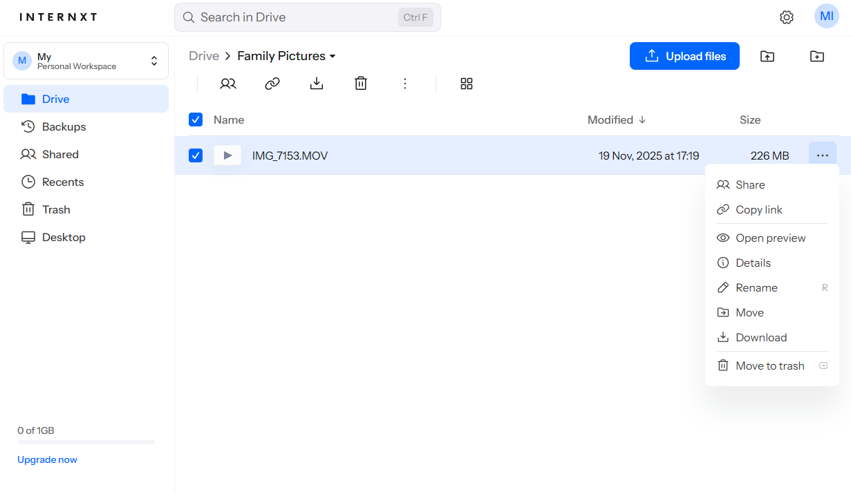 private cloud storage internxt ui