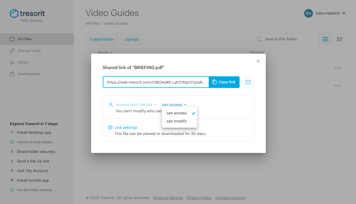 private cloud storage tresorit link sharing